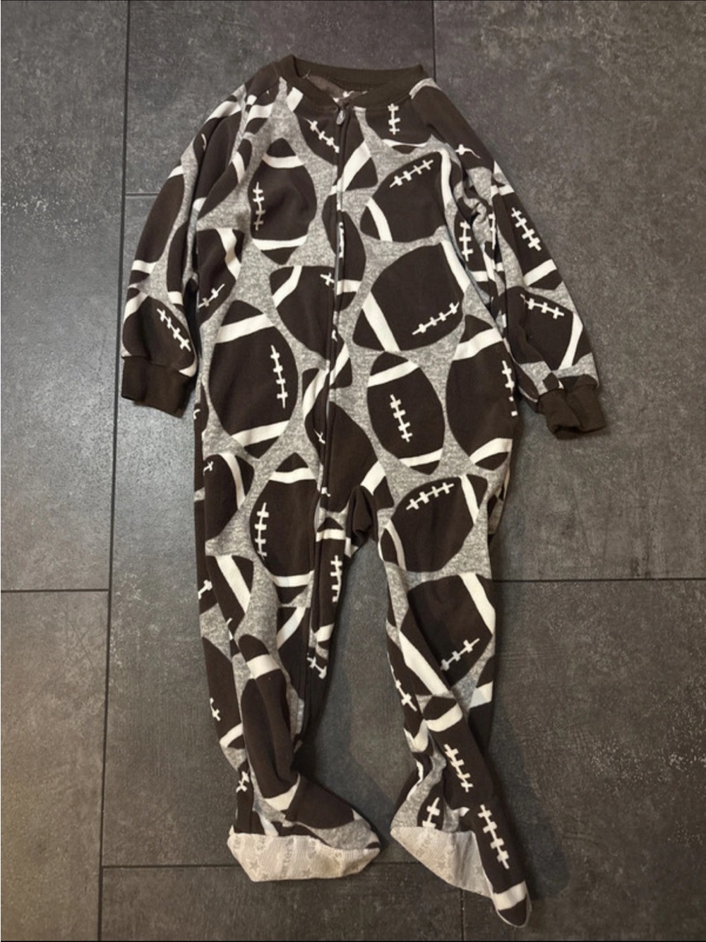 Kids Brown Football Print One-Piece Footed Pajamas 2T